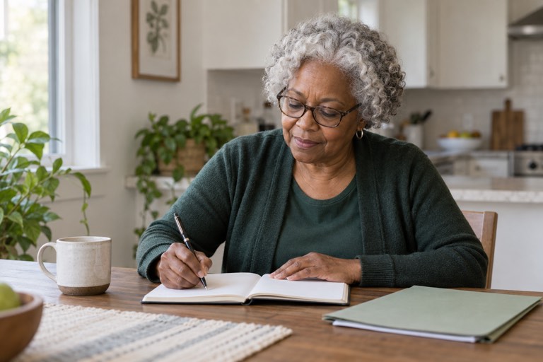 An older woman writes questions in a notebook at her kitchen table.